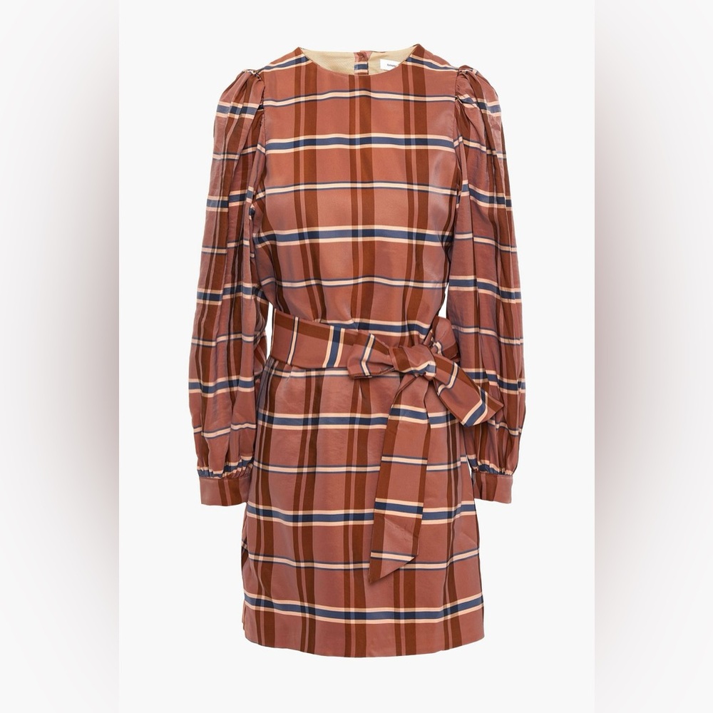 Samsoe Samsoe Orion Belted Checked Satin-Twill Mini Dress Size XS New